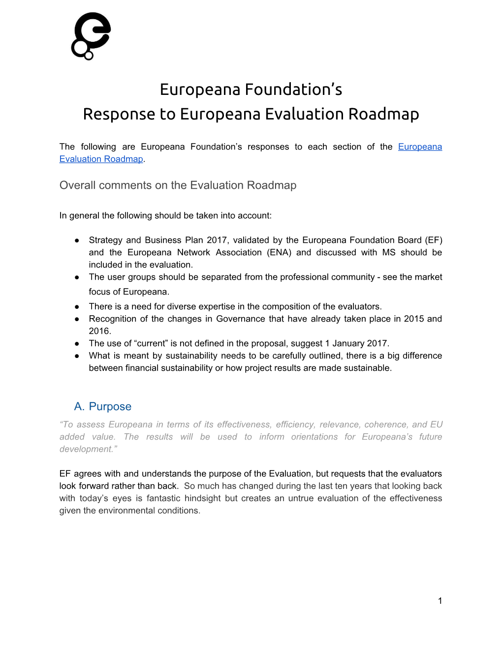 Europeana Foundation's Response to Europeana Evaluation Roadmap