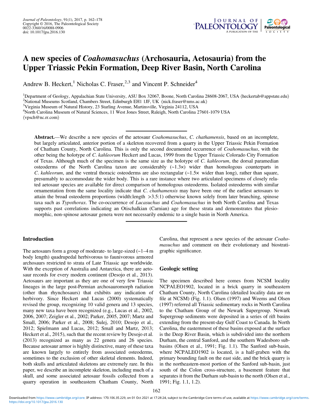 A New Species of Coahomasuchus (Archosauria, Aetosauria) from the Upper Triassic Pekin Formation, Deep River Basin, North Carolina