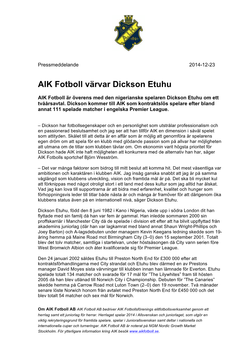 AIK Fotboll Värvar Dickson Etuhu