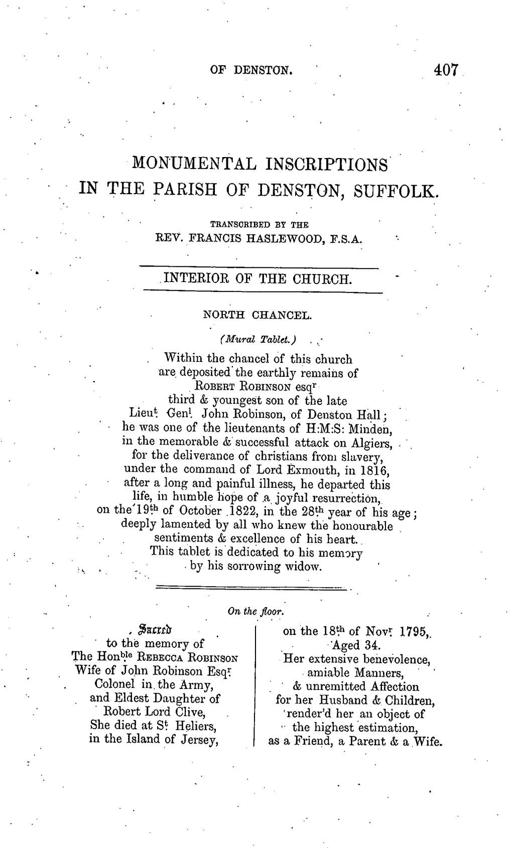 407 Monumental Inscriptions in the Parish of Denston
