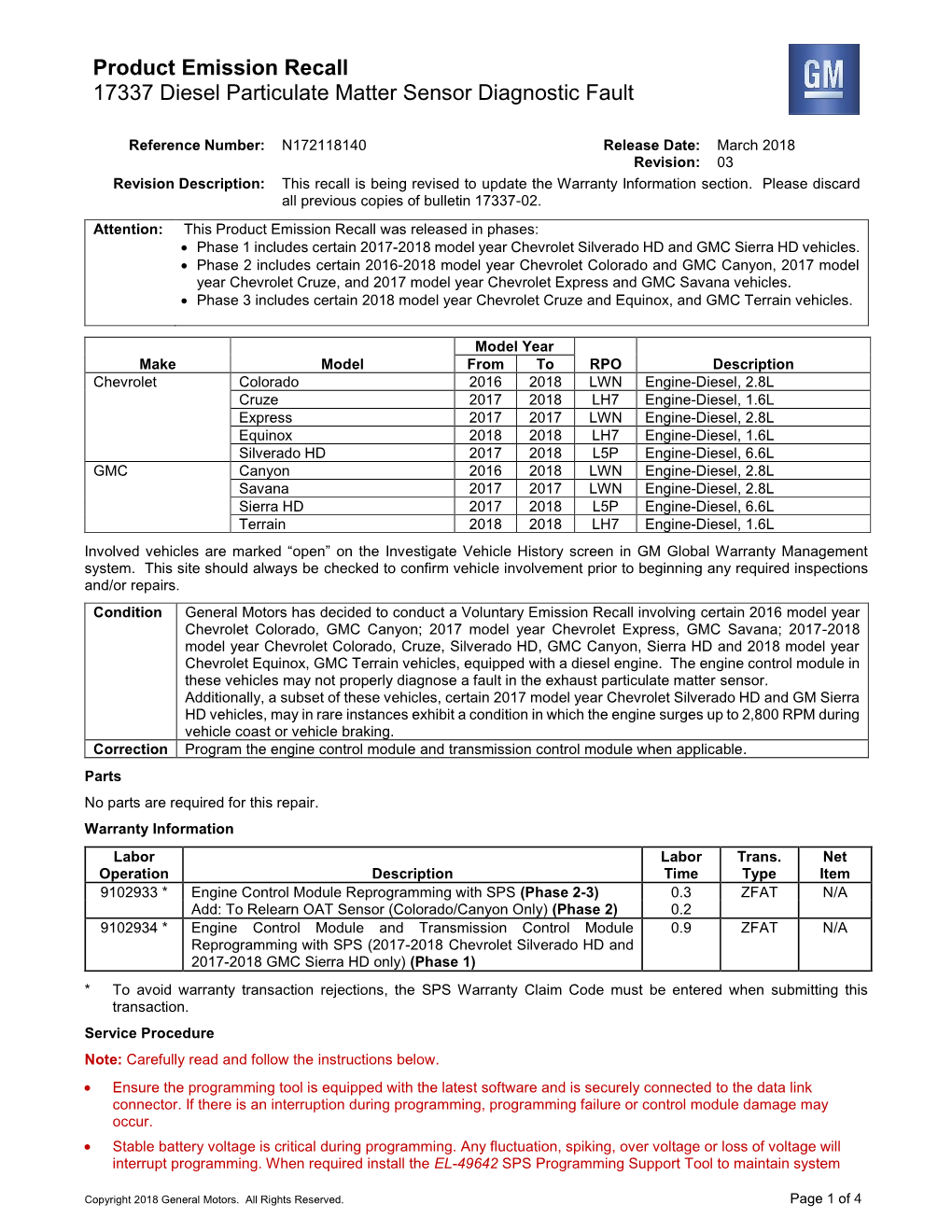 Product Emission Recall 17337 Diesel Particulate Matter Sensor Diagnostic Fault