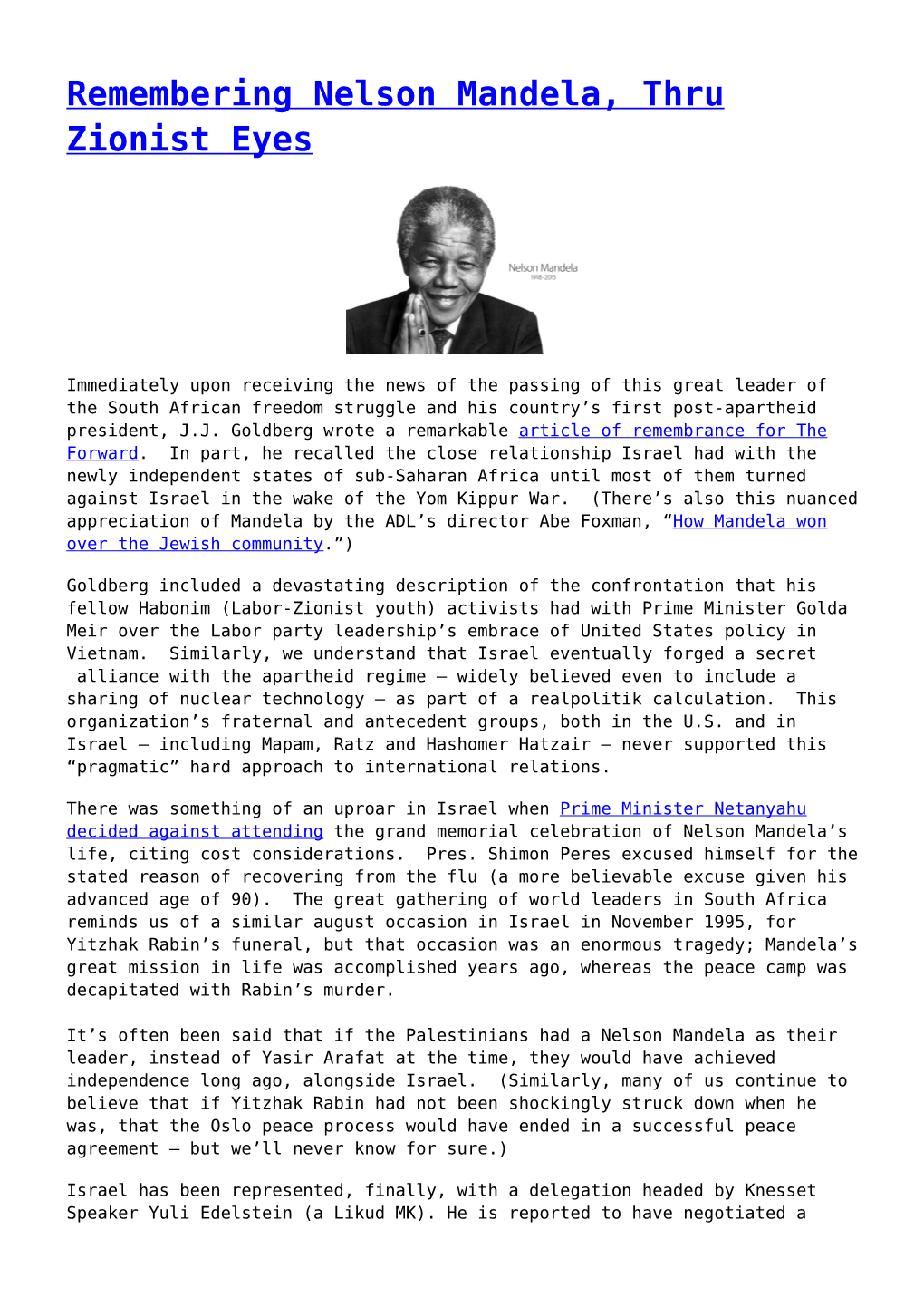 Remembering Nelson Mandela, Thru Zionist Eyes