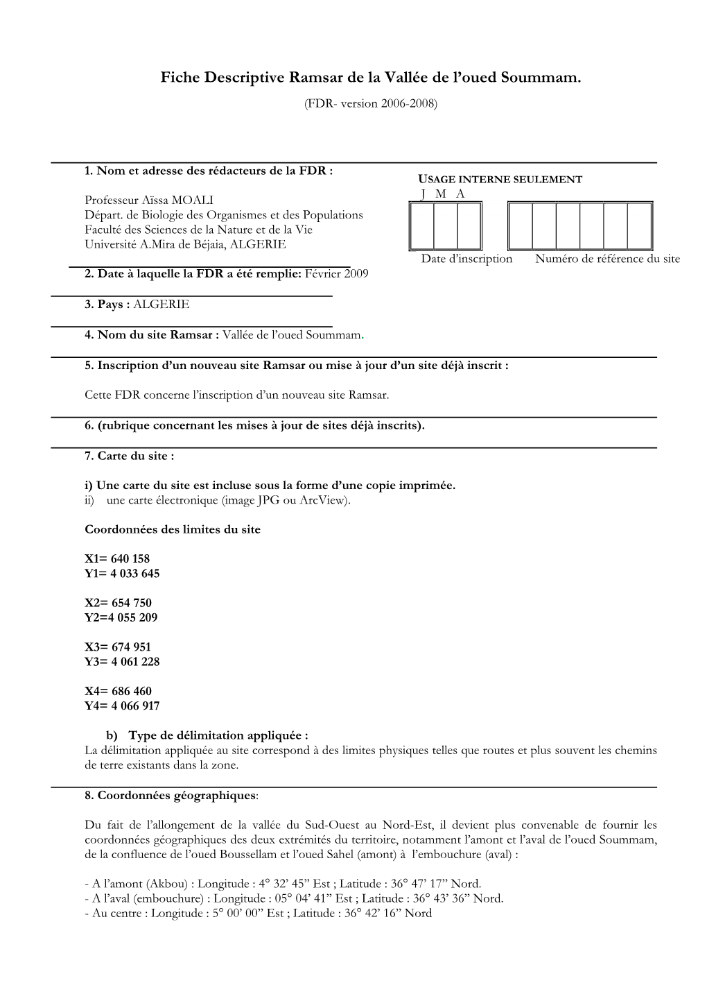 Fiche Descriptive Ramsar De La Vallée De L'oued Soummam