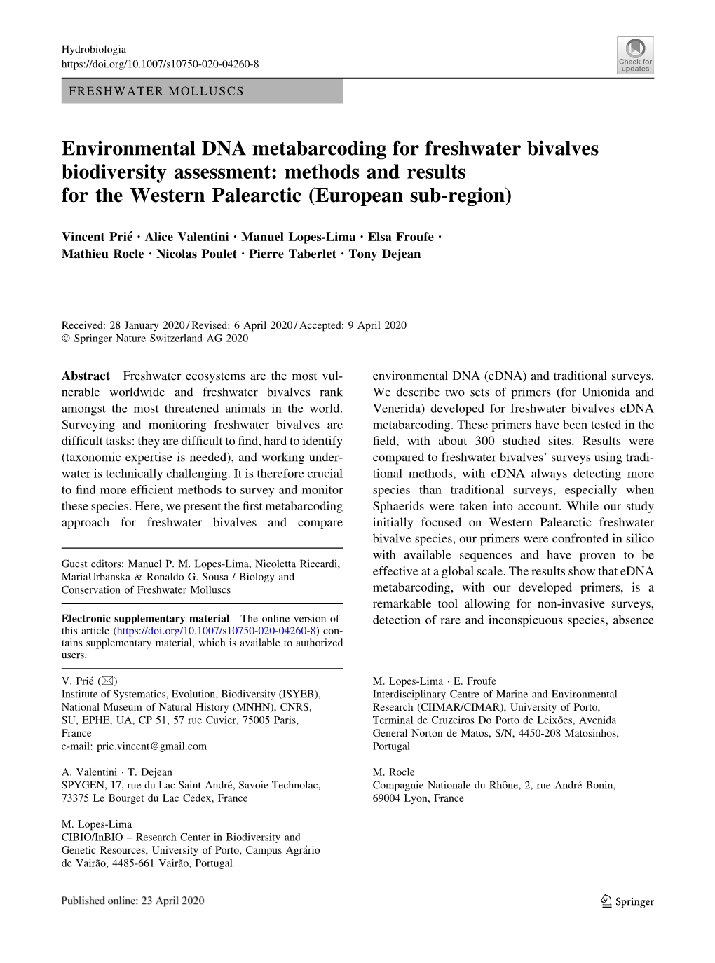 Environmental DNA Metabarcoding for Freshwater Bivalves Biodiversity Assessment: Methods and Results for the Western Palearctic (European Sub-Region)