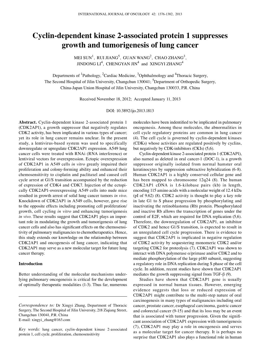 Cyclin-Dependent Kinase 2-Associated Protein 1 Suppresses Growth and Tumorigenesis of Lung Cancer