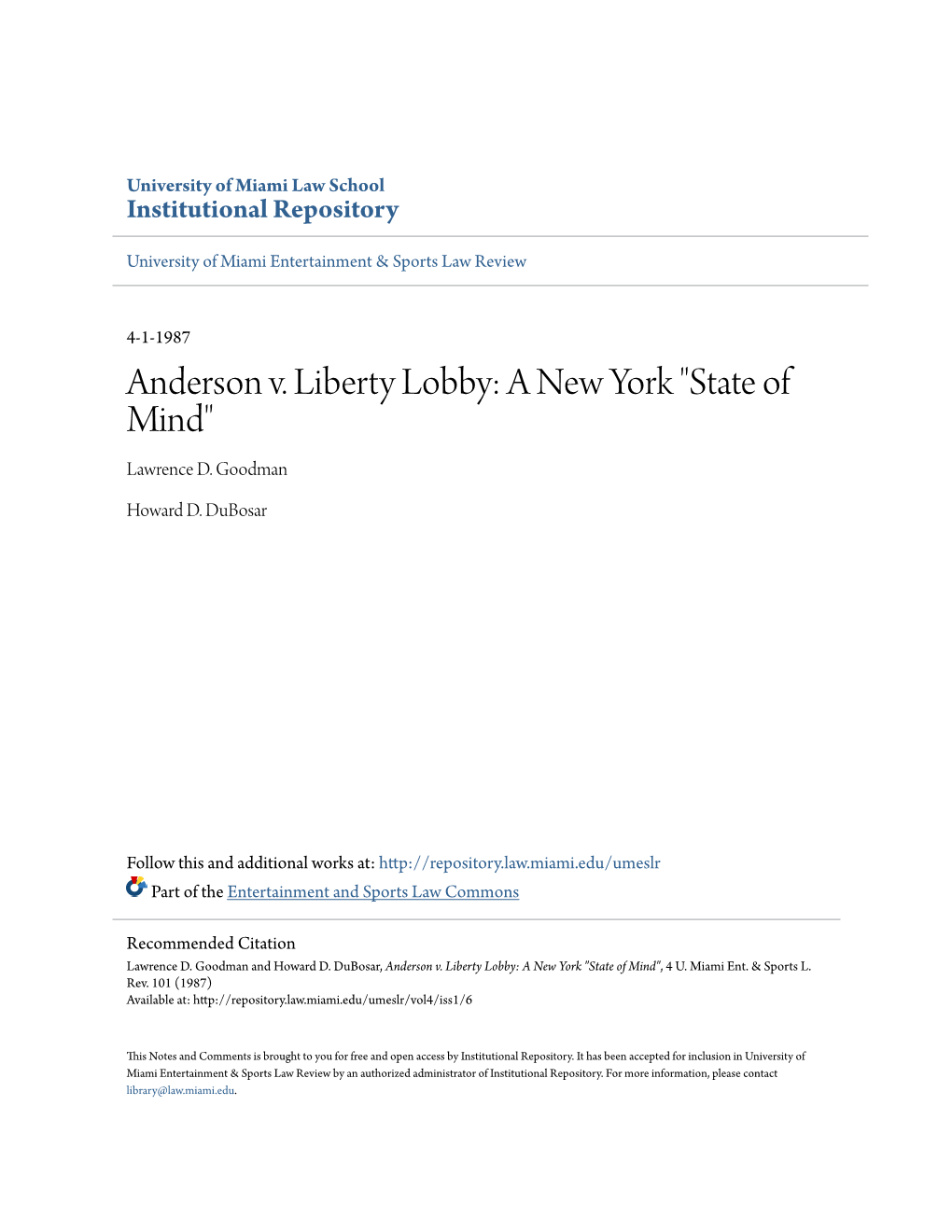 Anderson V. Liberty Lobby: a New York "State of Mind" Lawrence D