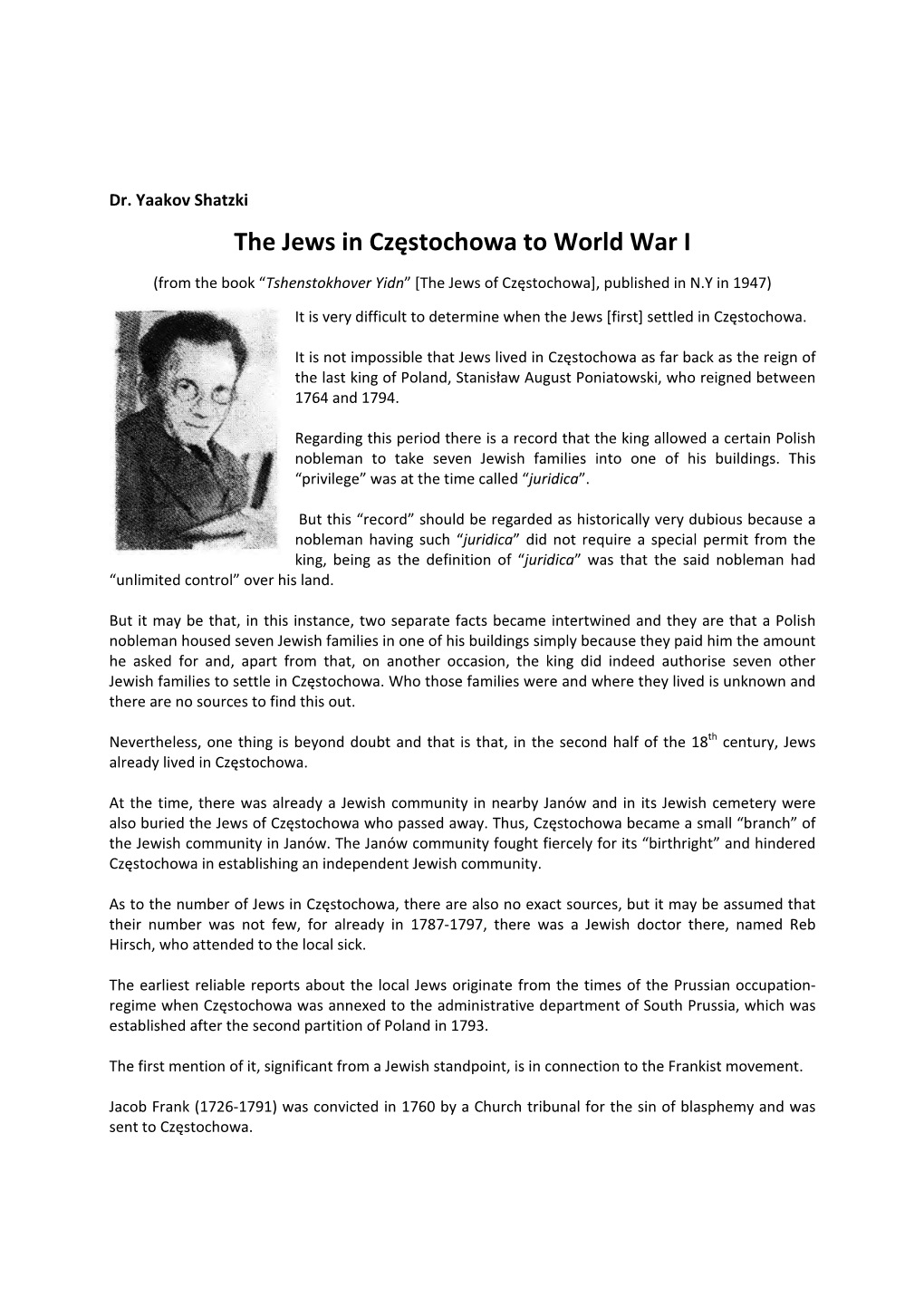 The Jews in Częstochowa to World War I
