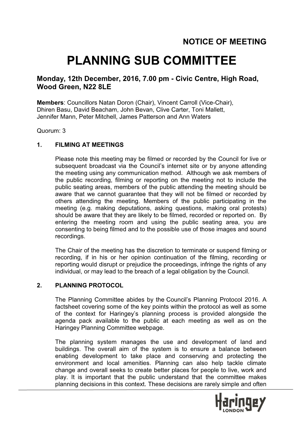 (Public Pack)Agenda Document for Planning Sub Committee, 12/12/2016 19:00