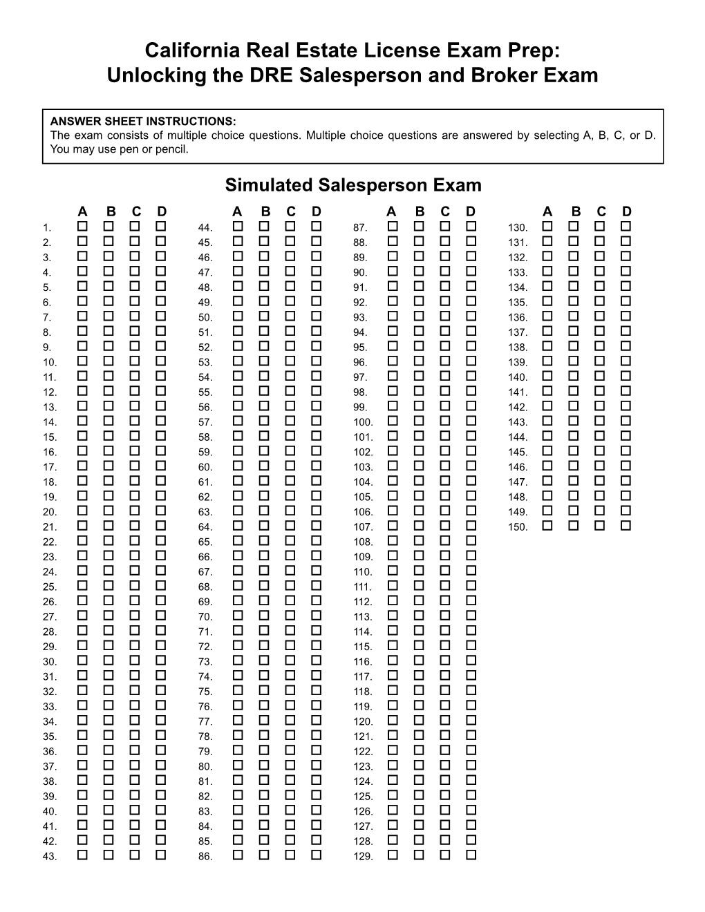 Simulated Salesperson Exam a B C D a B C D a B C D a B C D 1