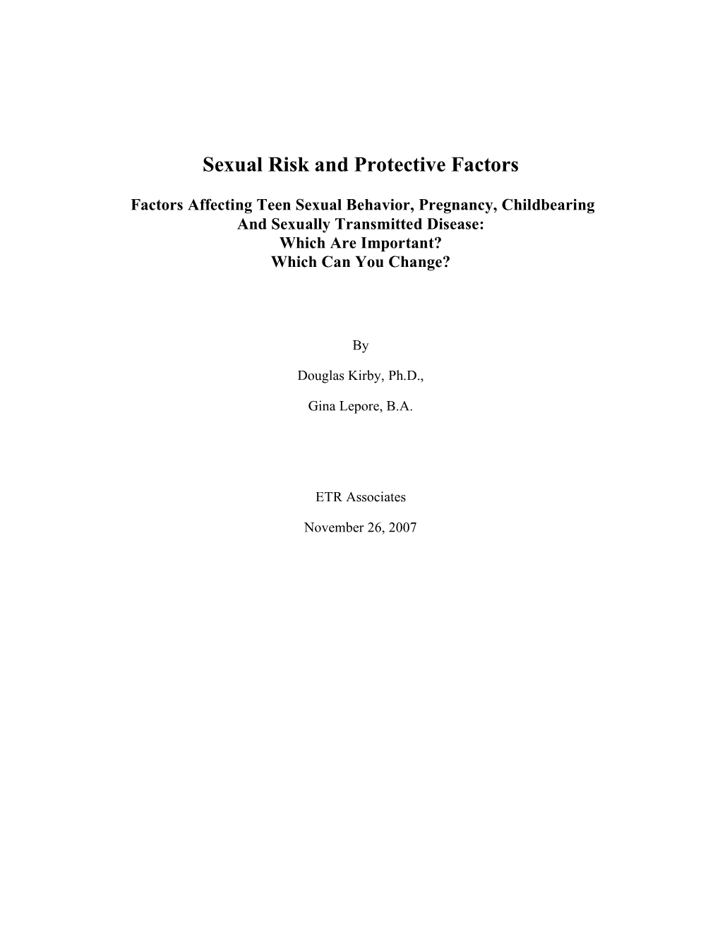 Sexual Risk and Protective Factors
