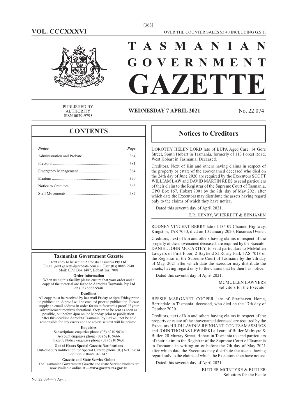 Government Gazette Tasmanian