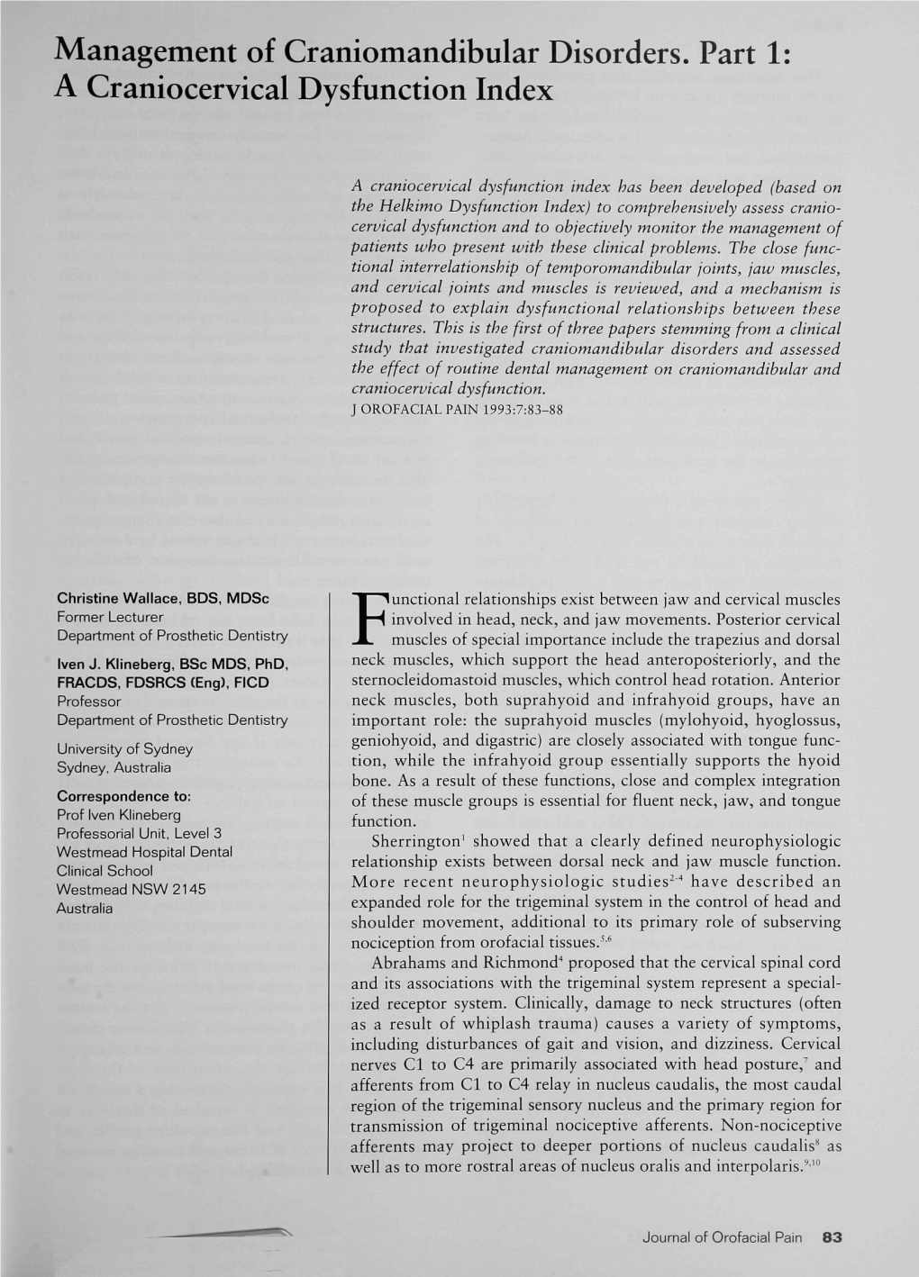 A Craniocervical Dysfunction Index