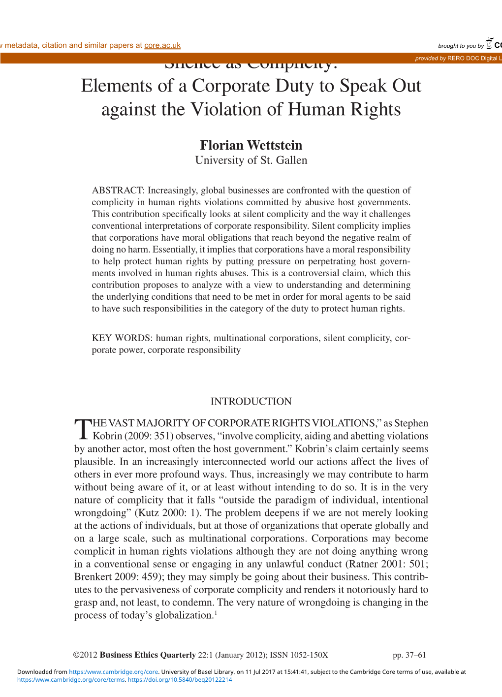 Silence As Complicity: Provided by RERO DOC Digital Library Elements of a Corporate Duty to Speak out Against the Violation of Human Rights