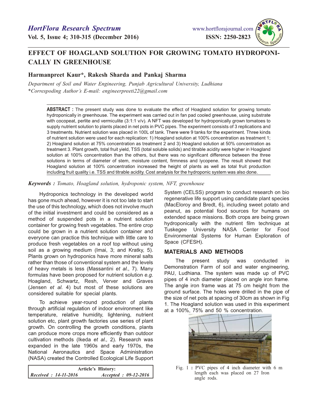 Effect of Hoagland Solution for Growing Tomato Hydroponically in Greenhouse