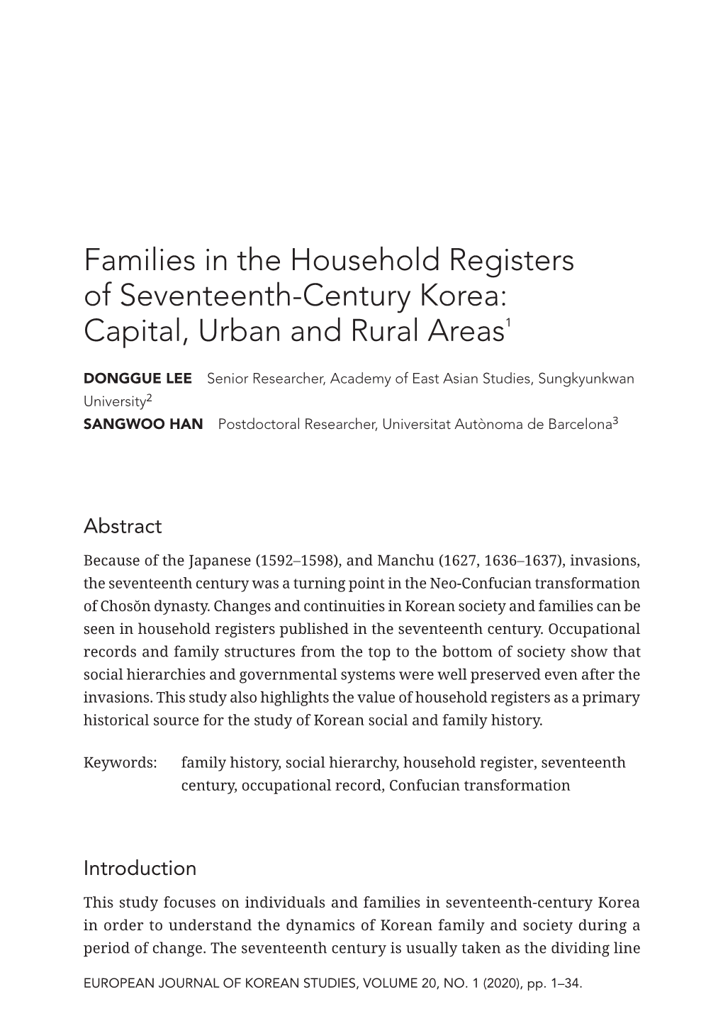 Families in the Household Registers of Seventeenth-Century Korea: Capital, Urban and Rural Areas1