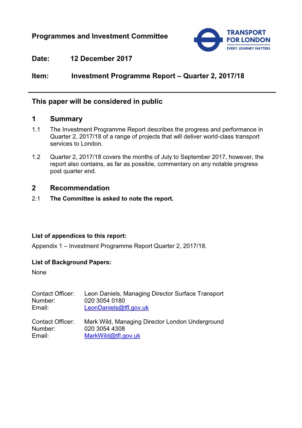 Investment Programme Report – Quarter 2, 2017/18 This Paper