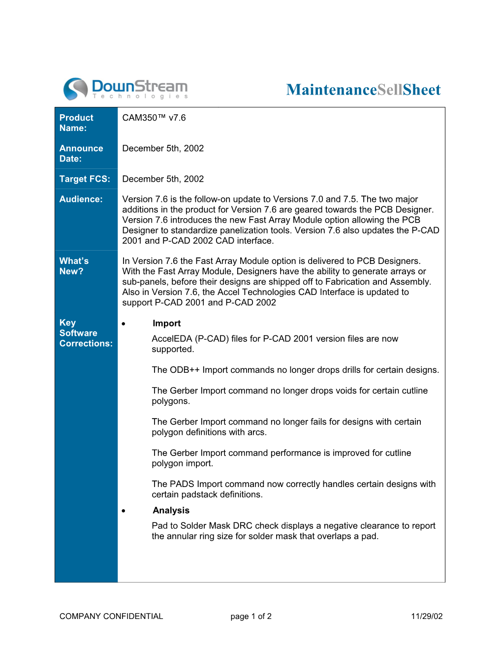 CAM350 V7.6, Maintenance Sell Sheet, Cont