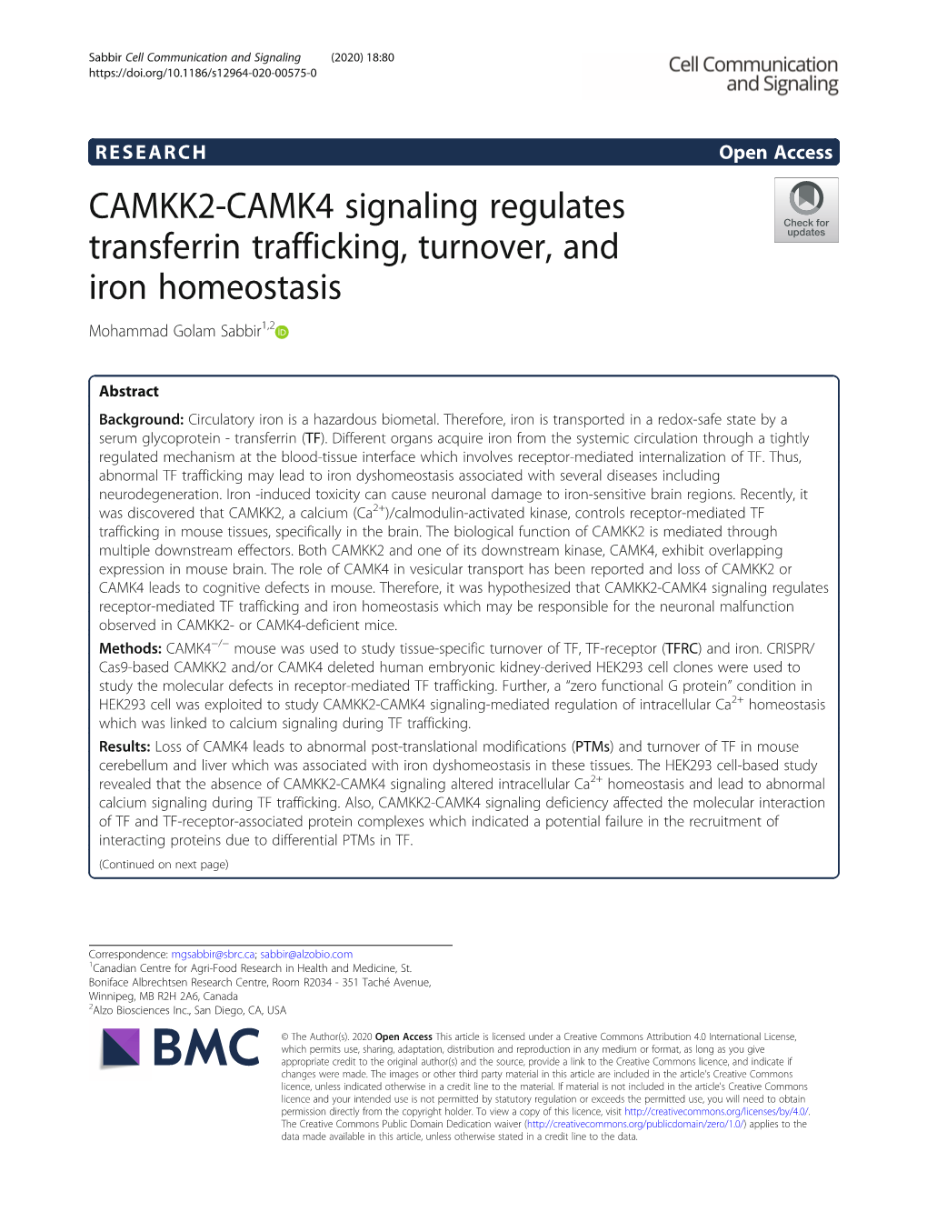 CAMKK2-CAMK4 Signaling Regulates Transferrin Trafficking, Turnover, and Iron Homeostasis Mohammad Golam Sabbir1,2