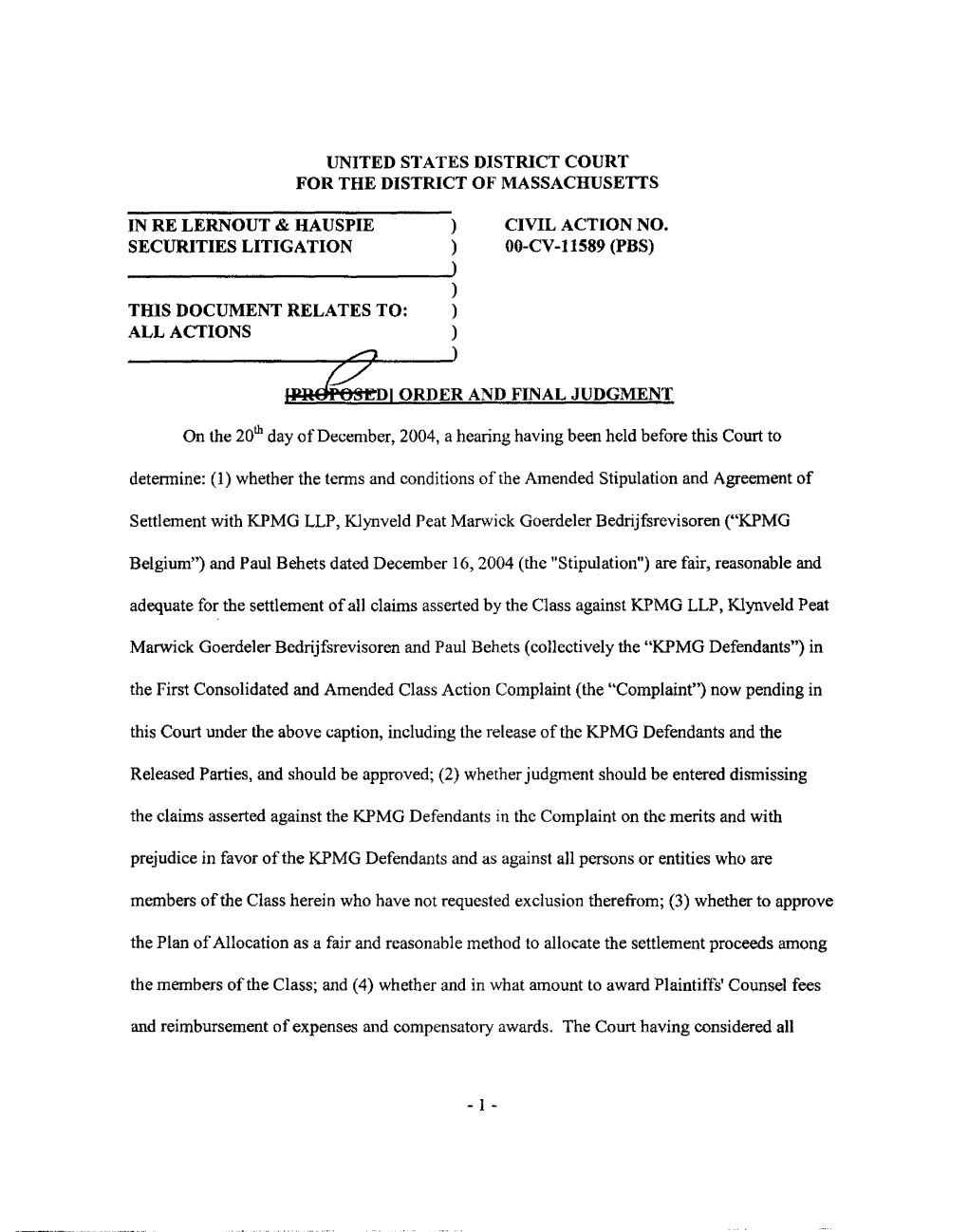 In Re: Lernout & Hauspie Securities Litigation 00-CV-11589-Order And