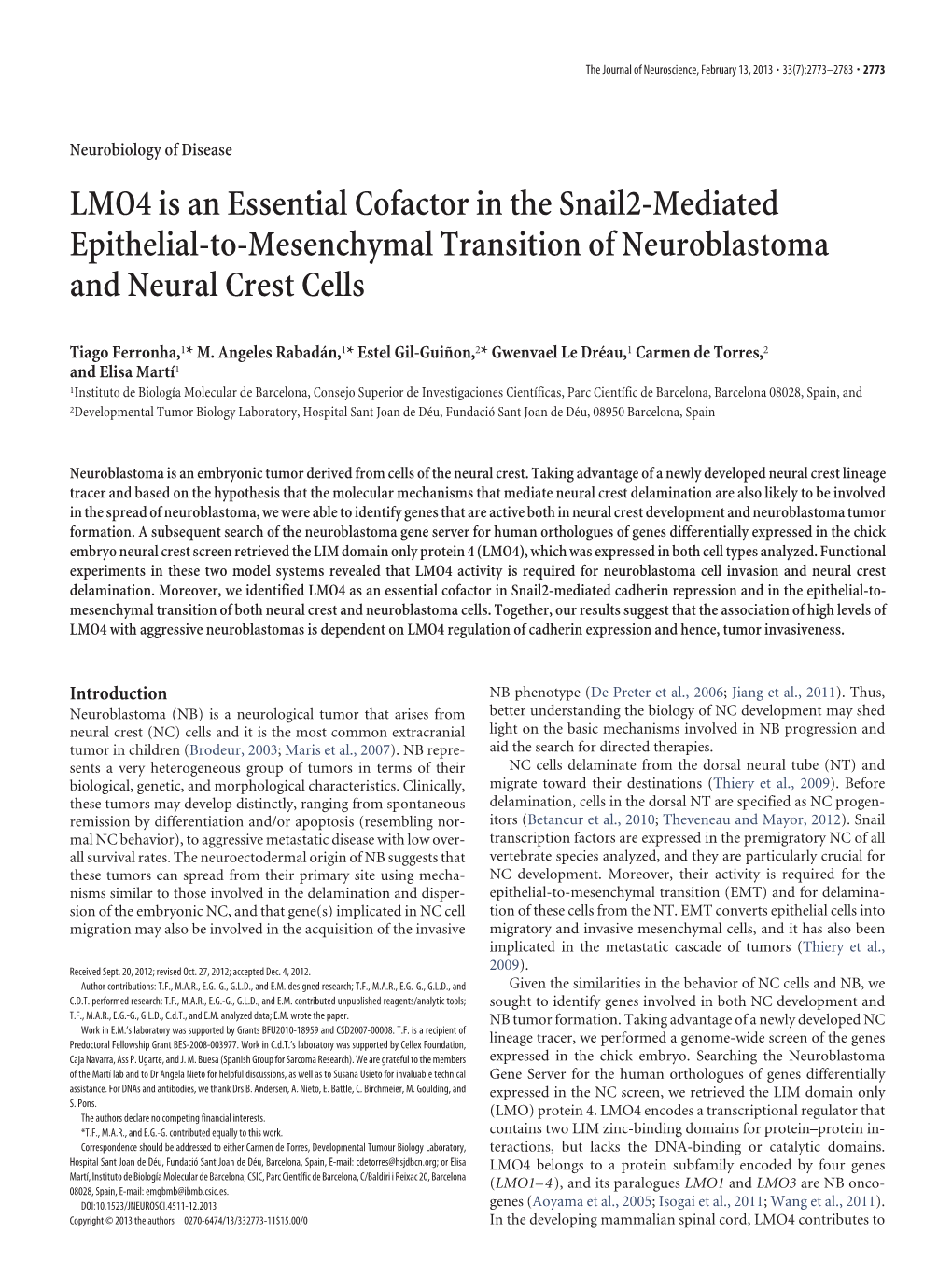LMO4 Is an Essential Cofactor in the Snail2-Mediated Epithelial-To-Mesenchymal Transition of Neuroblastoma and Neural Crest Cells
