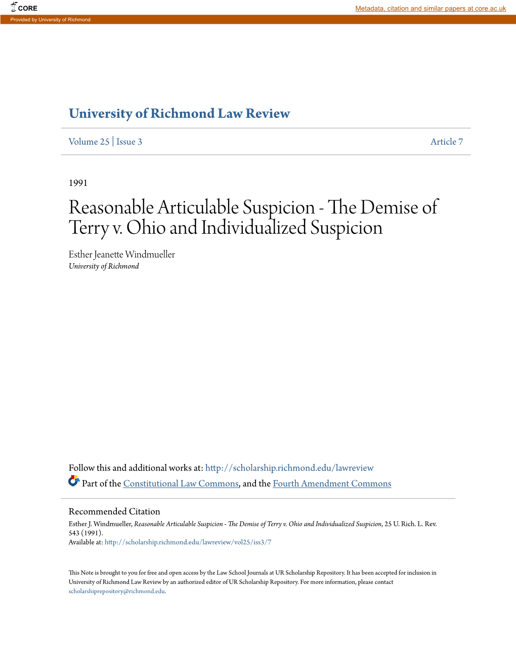 Reasonable Articulable Suspicion - the Ed Mise of Terry V