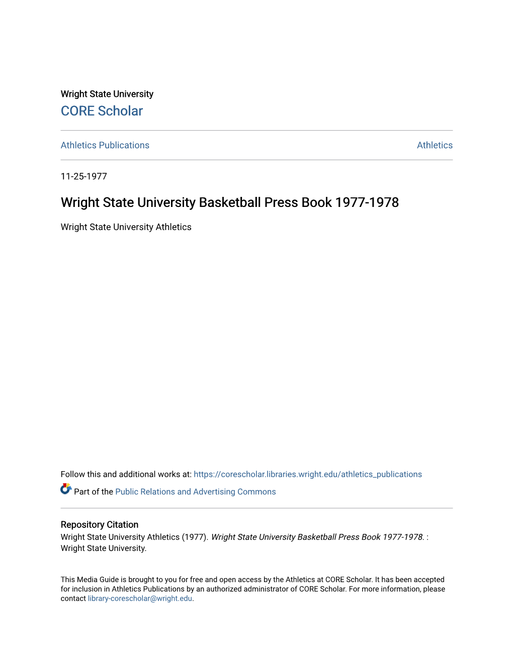 Wright State University Basketball Press Book 1977-1978