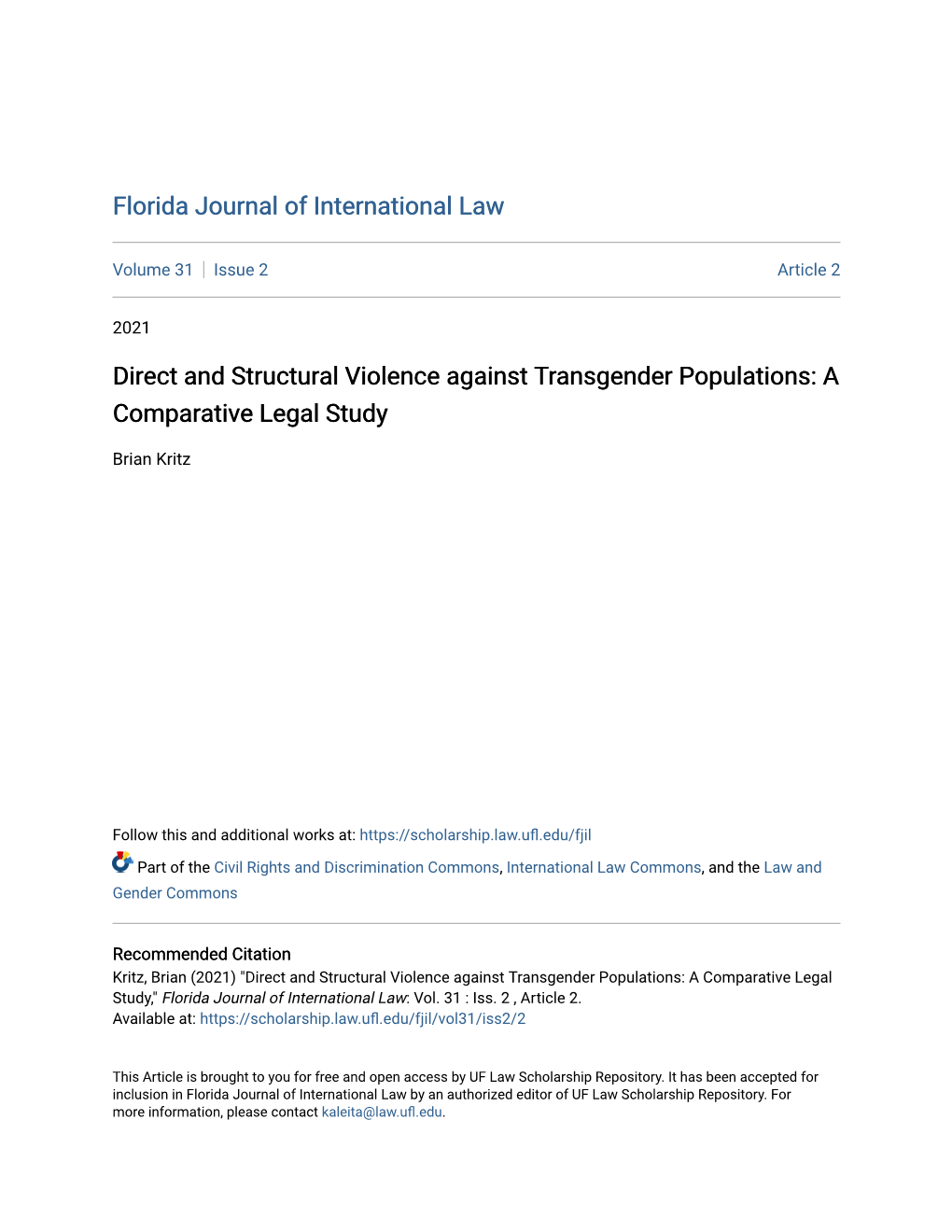 Direct and Structural Violence Against Transgender Populations: a Comparative Legal Study