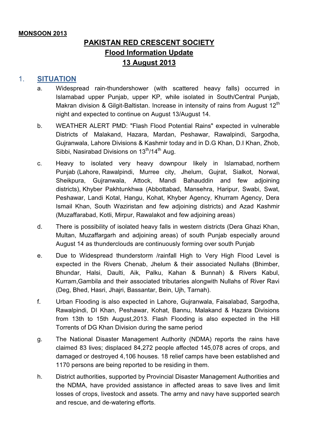 PAKISTAN RED CRESCENT SOCIETY Flood Information Update 13 August 2013
