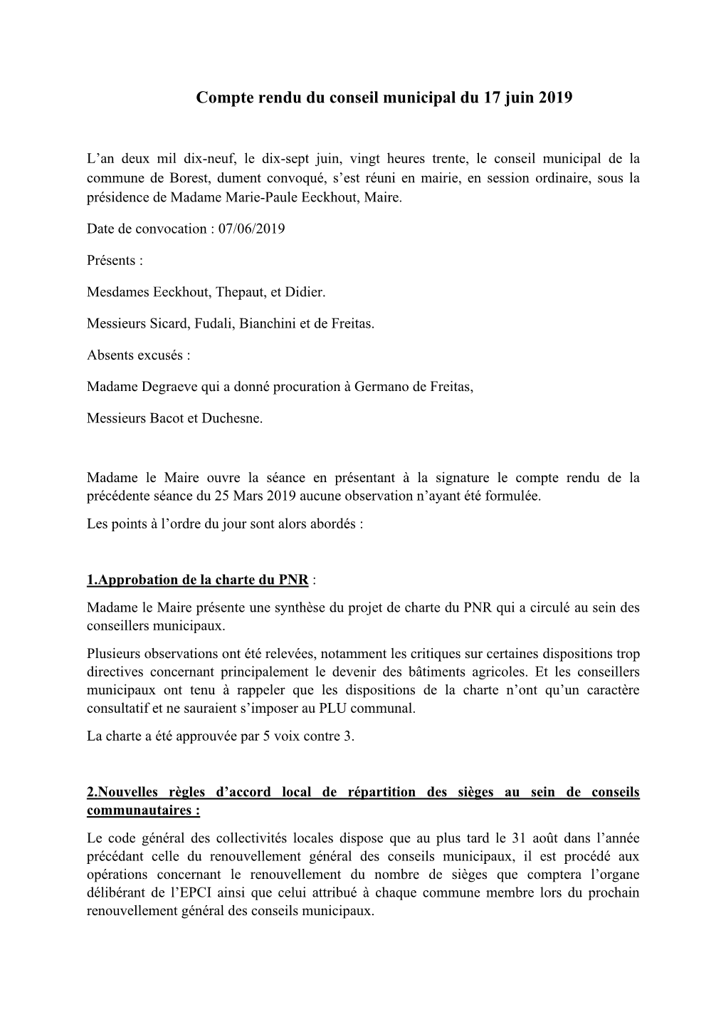 Compte Rendu Du Conseil Municipal Du 17 Juin 2019