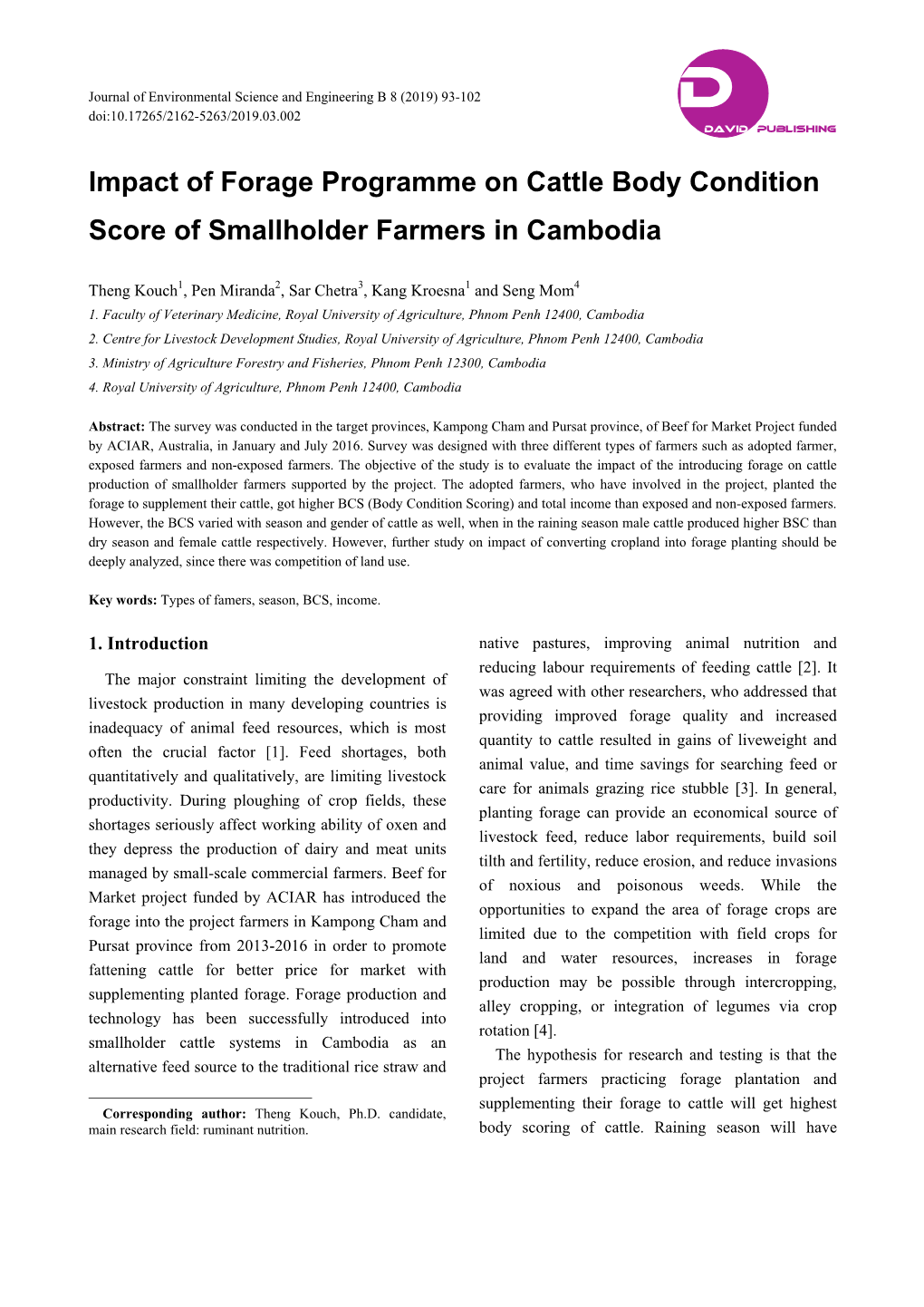 Impact of Forage Programme on Cattle Body Condition Score of Smallholder Farmers in Cambodia
