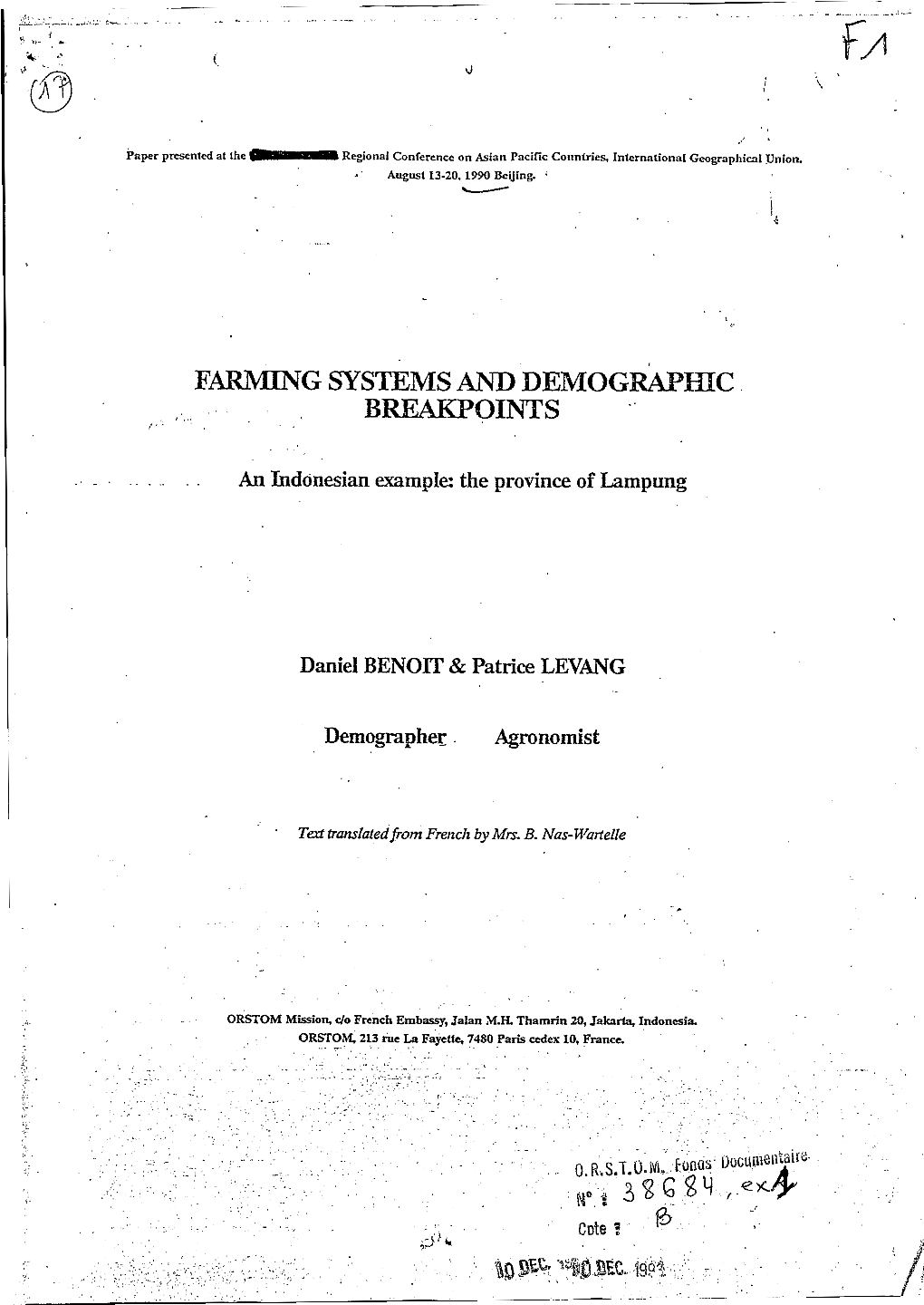 Farming Systems and Demographic Breakpoints : an Indonesian Example : the Province of Lampung