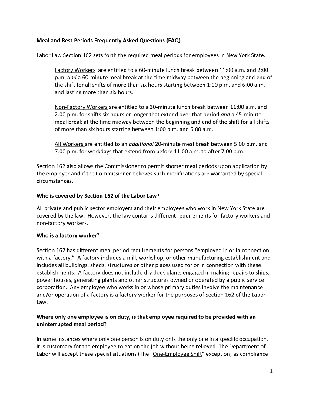 Labor Law Section 162 Sets Forth the Required Meal Periods for Employees in New York State