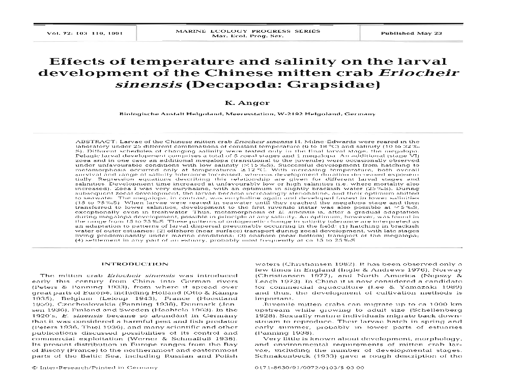 Effects of Temperature and Salinity on the Larval Development of the Chinese Mitten Crab Eriocheir Sinensis (Decapoda: Grapsidae)