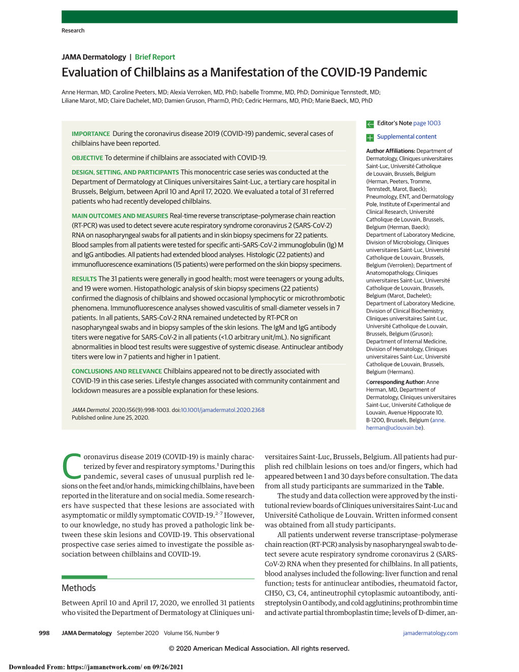 Evaluation of Chilblains As a Manifestation of the COVID-19 Pandemic