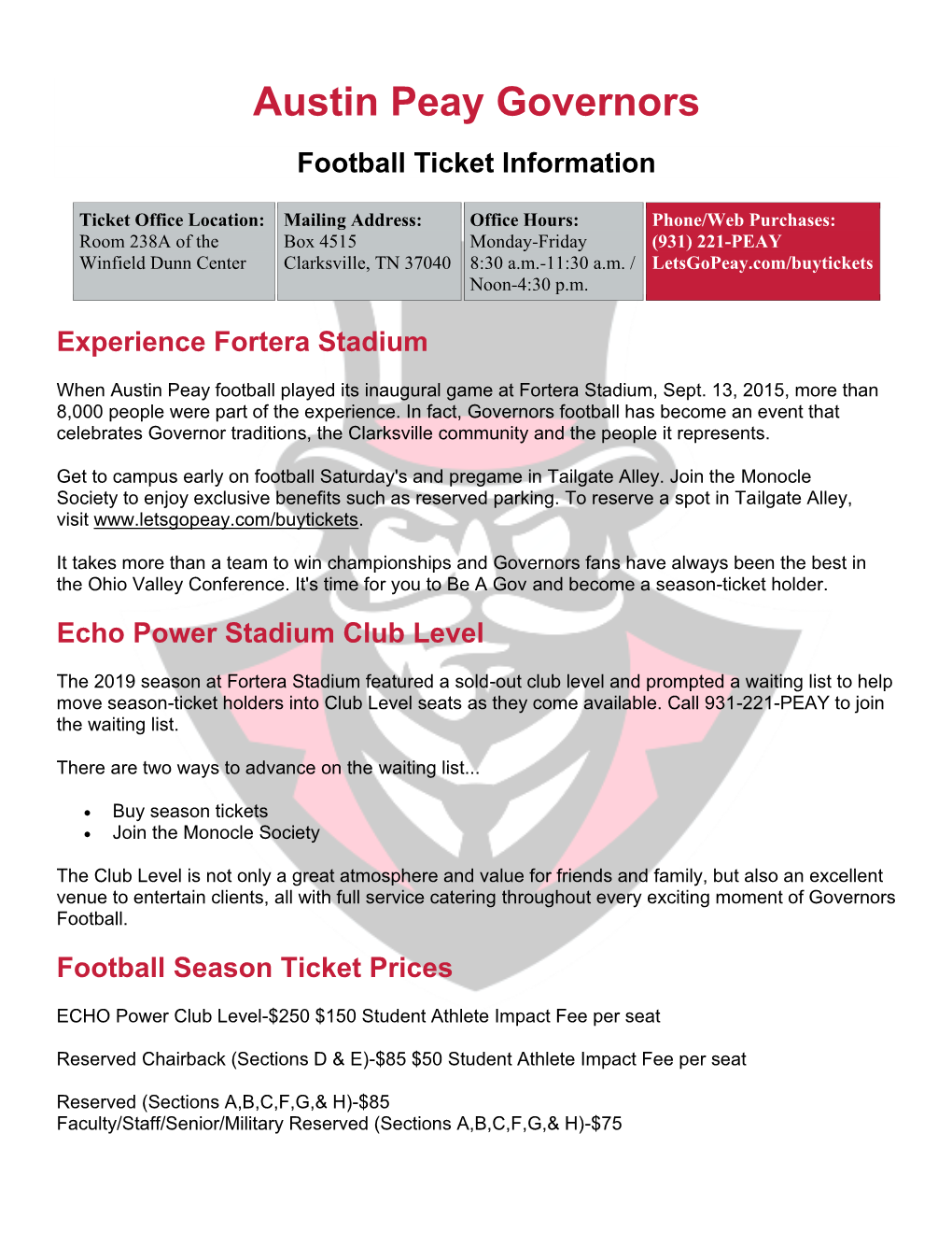 Austin Peay Governors Football Ticket Information