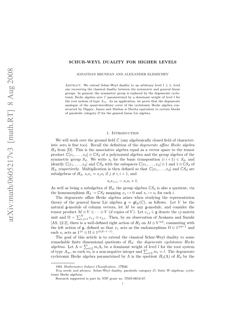 Arxiv:Math/0605217V3 [Math.RT] 8 Aug 2008 Si Eoi N O) Ealtedﬁiino the of Deﬁnition the Recall Too)