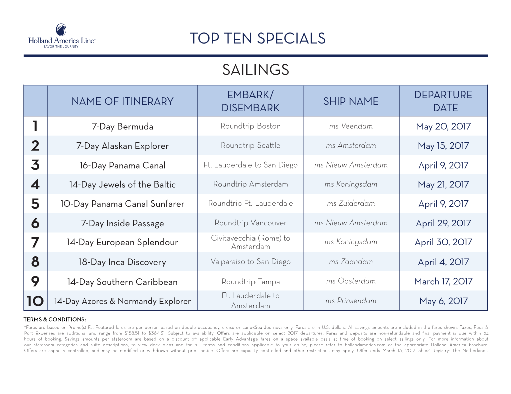 Top Ten Specials Sailings