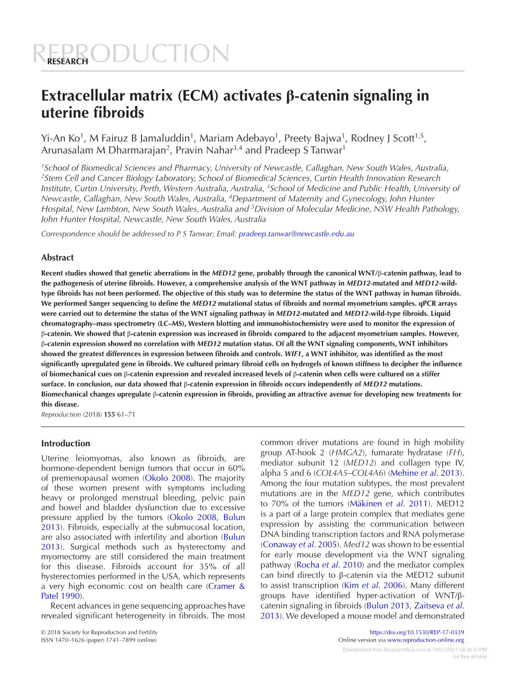 (ECM) Activates Β-Catenin Signaling in Uterine Fibroids