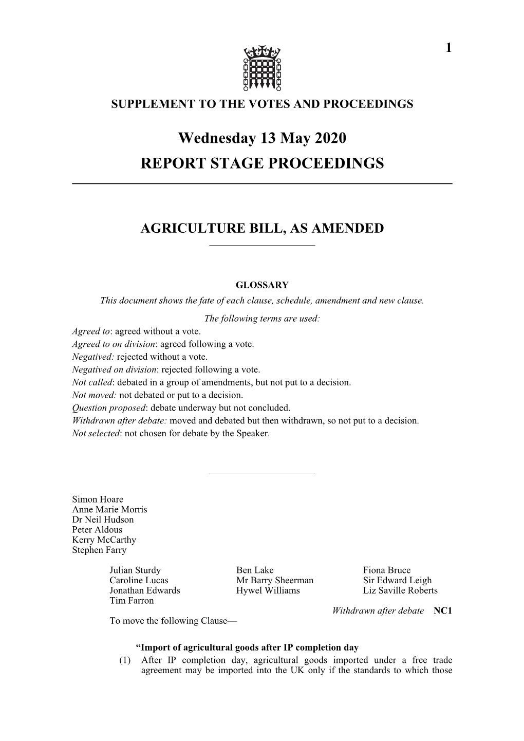 Wednesday 13 May 2020 REPORT STAGE PROCEEDINGS