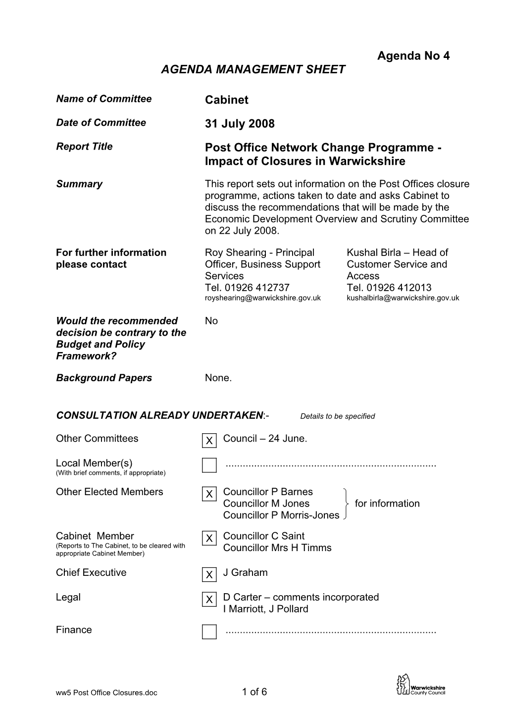 Impact of Closures on Warwickshire