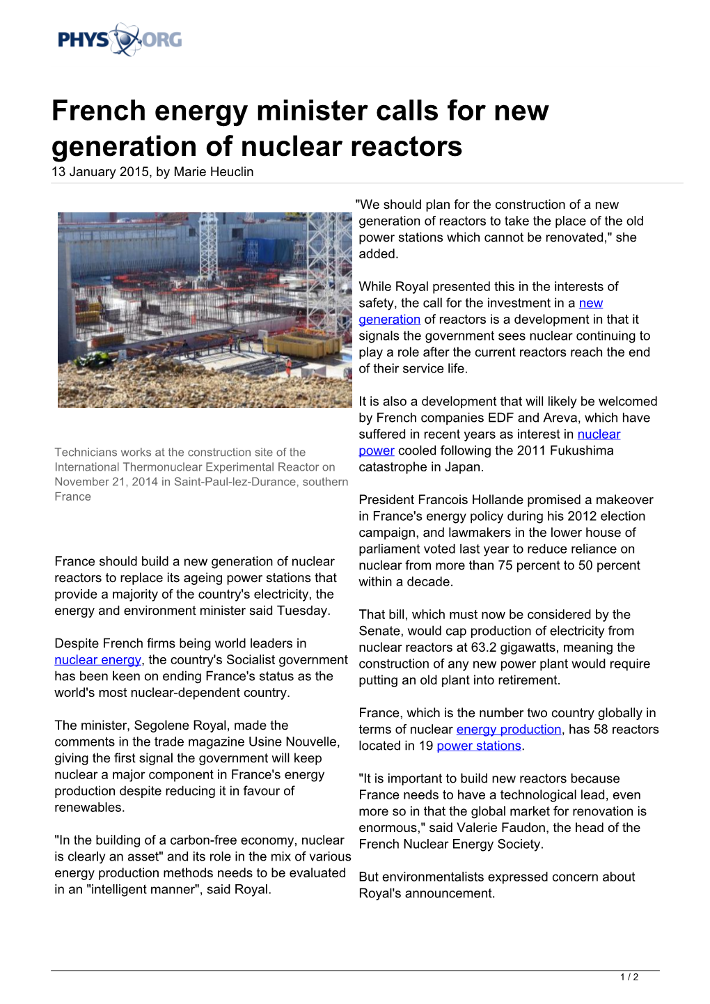 French Energy Minister Calls for New Generation of Nuclear Reactors 13 January 2015, by Marie Heuclin