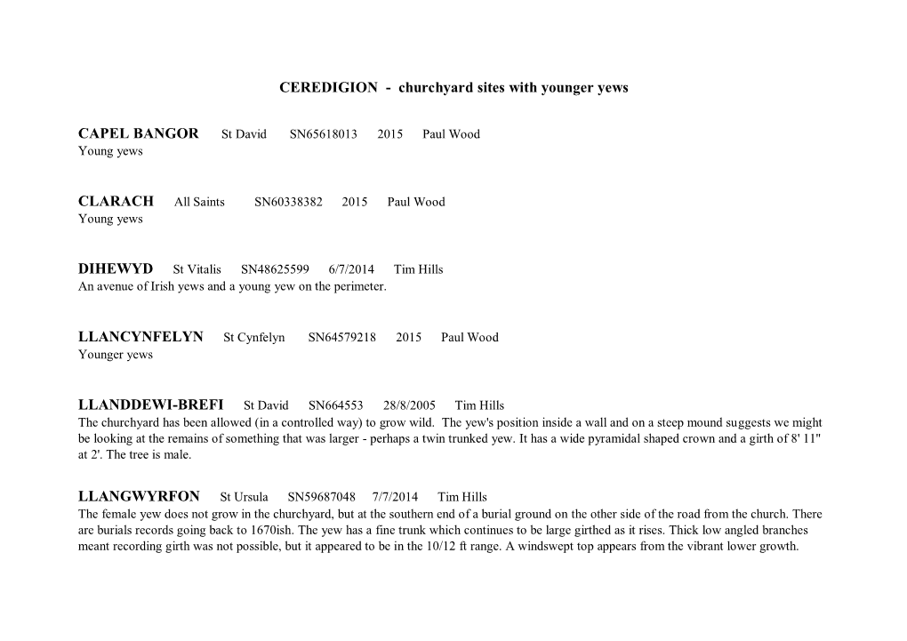 CEREDIGION - Churchyard Sites with Younger Yews