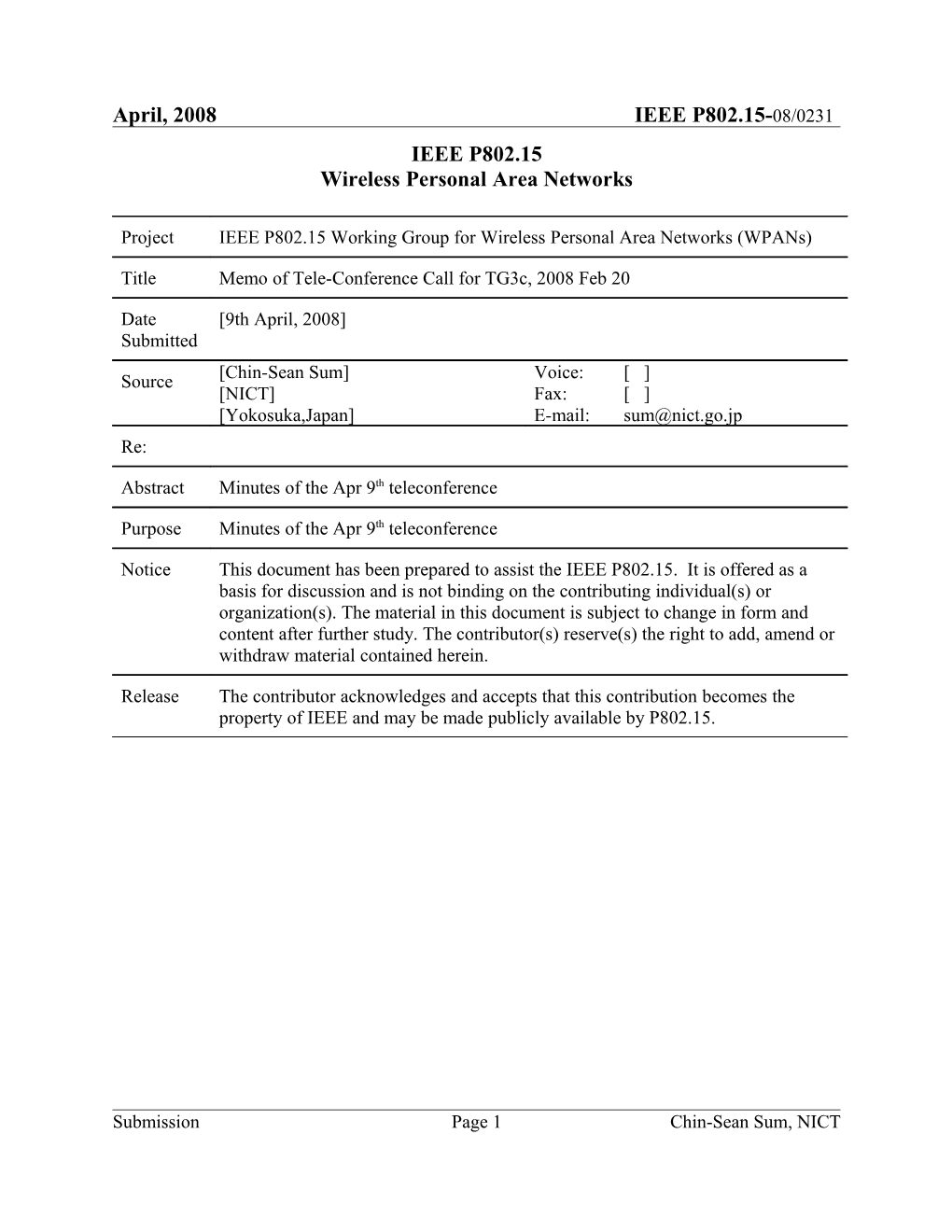 Memo of Tele-Conference Call for Tg3c, 2008 Feb 20