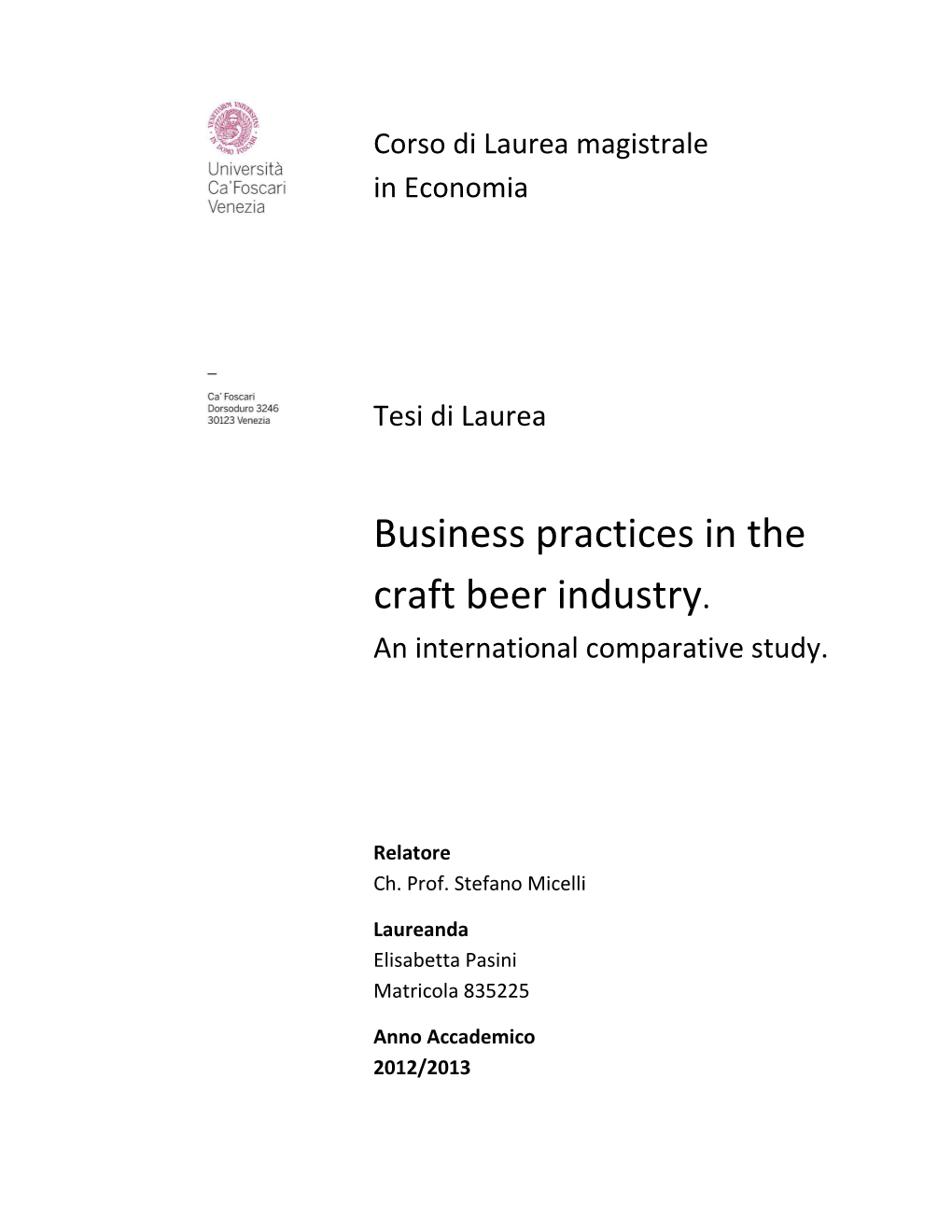 Business Practices in the Craft Beer Industry. an International Comparative Study