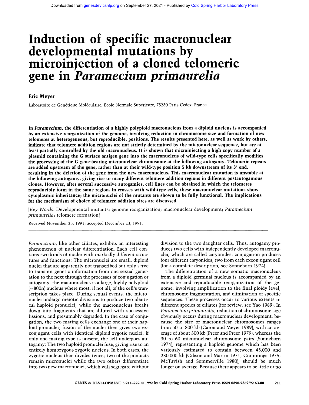 Induction of Specific Macronuclear Developmental Mutations by Microinjection of a Cloned Telomeric Gene in Paramecium Primaurelia