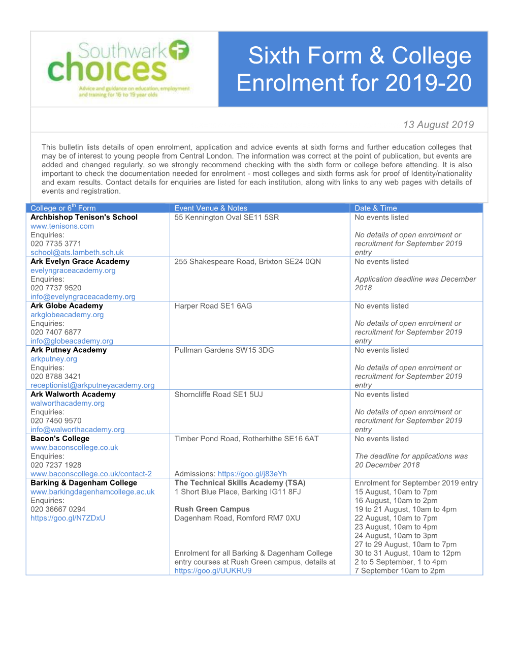 Sixth Form & College Enrolment for 2019-20