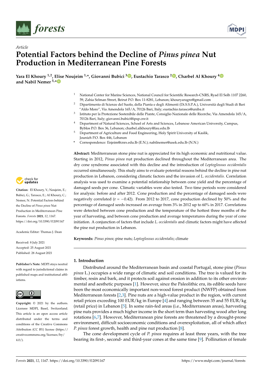 Potential Factors Behind the Decline of Pinus Pinea Nut Production in Mediterranean Pine Forests