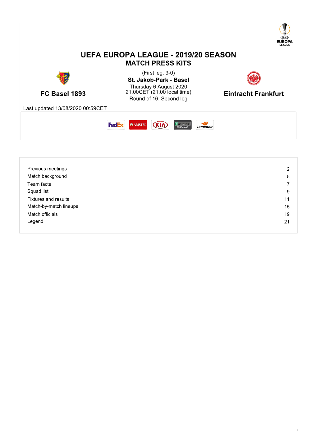 UEFA EUROPA LEAGUE - 2019/20 SEASON MATCH PRESS KITS (First Leg: 3-0) St