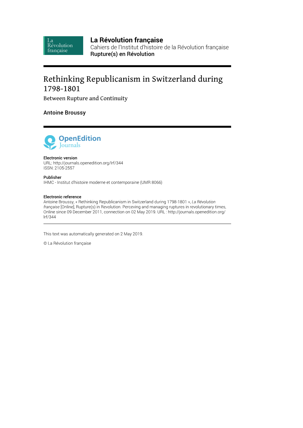 La Révolution Française , Rupture(S) En Révolution Rethinking Republicanism in Switzerland During 1798-1801 2