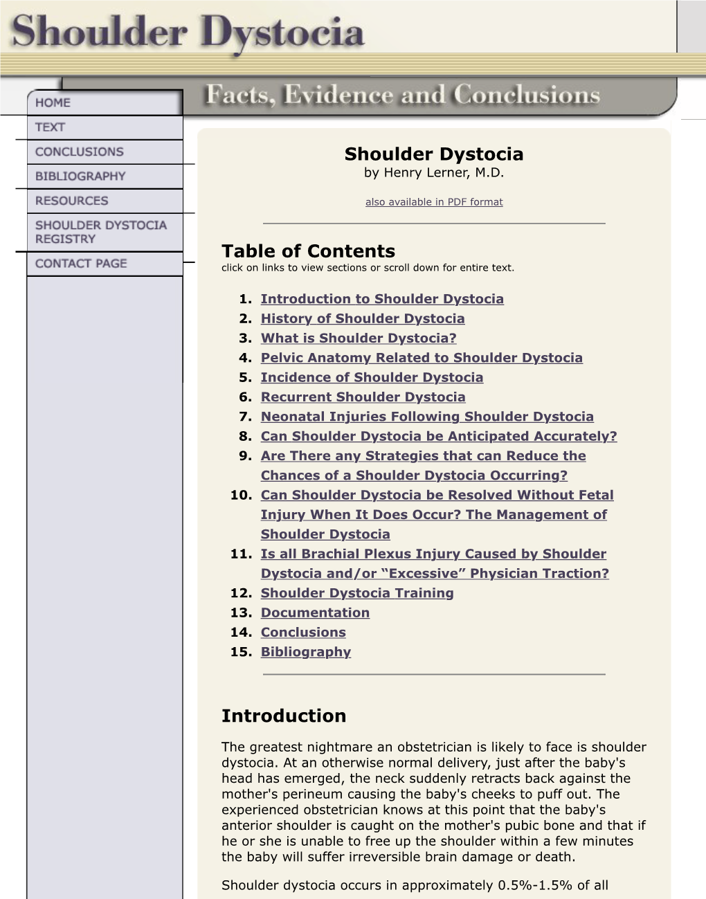 Shoulder Dystocia Table of Contents Introduction